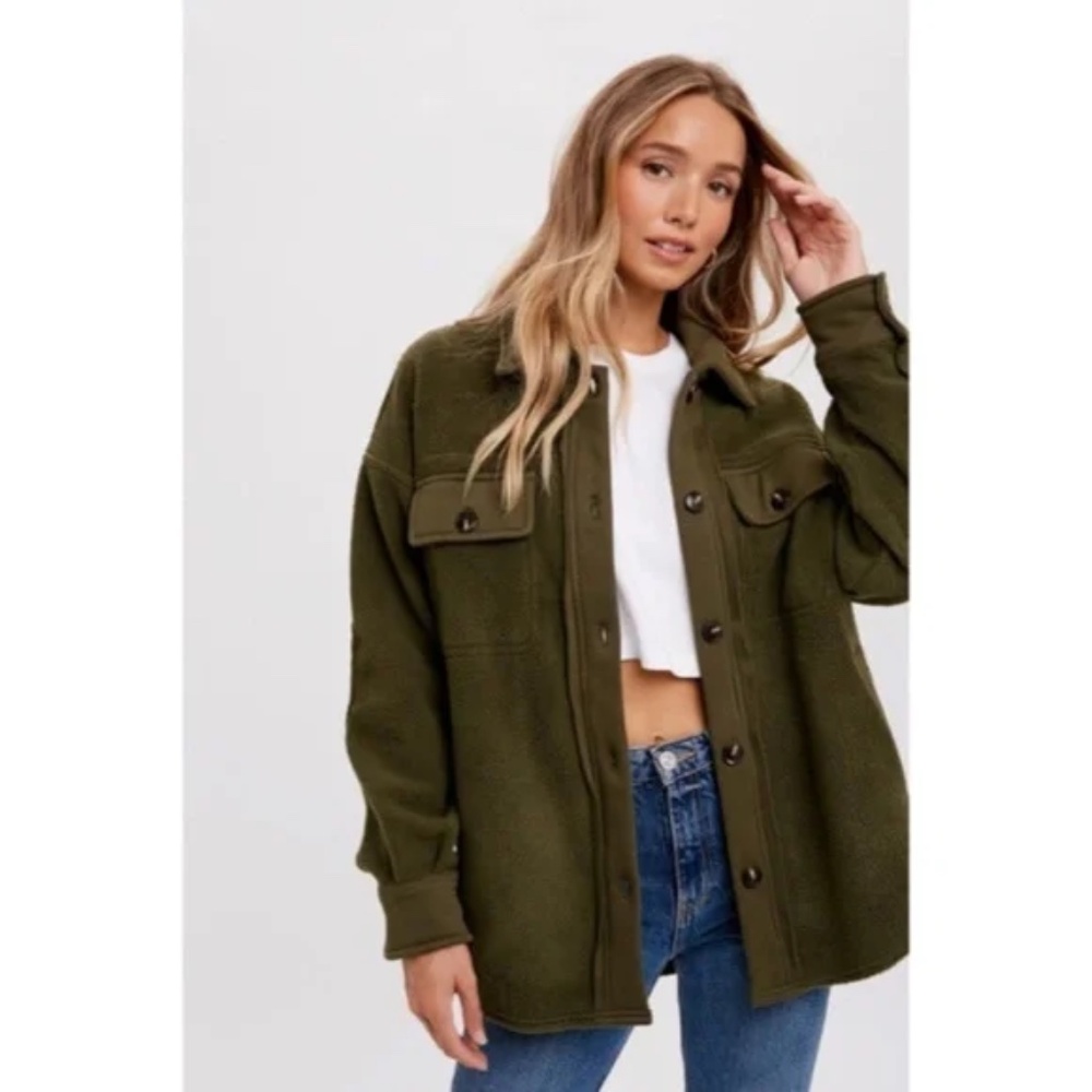 Olive Green Button Front Fleece Jacket W/ Elbow Patches & Pockets Winter Shacket - Picture 2 of 6